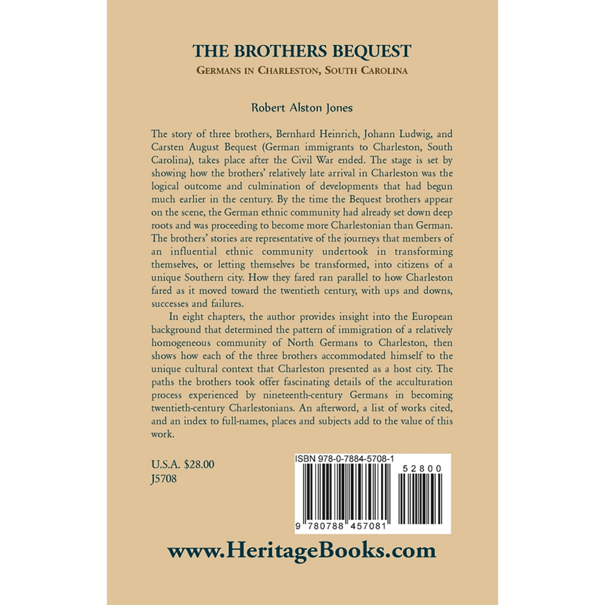 The Brothers Bequest: Germans in Charleston, South Carolina back cover