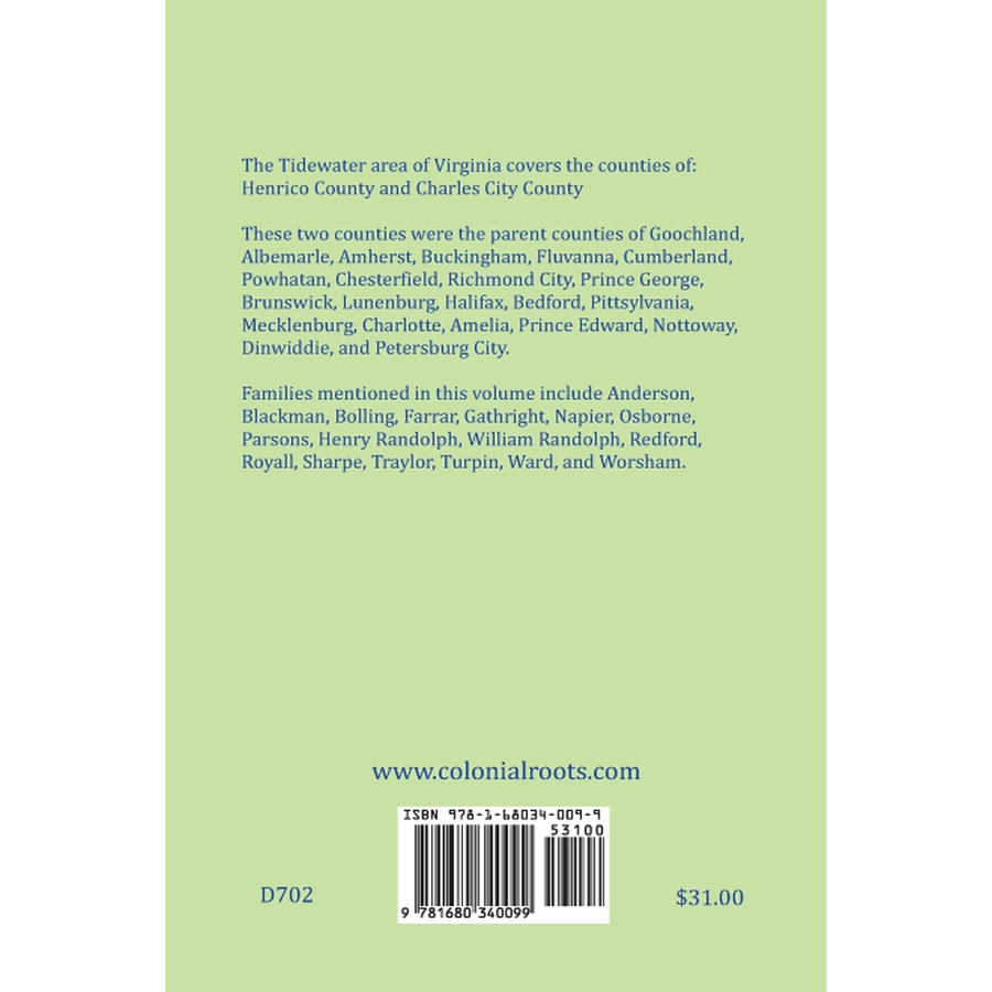 Early Settlers of Tidewater Virginia, Volume 3 back cover