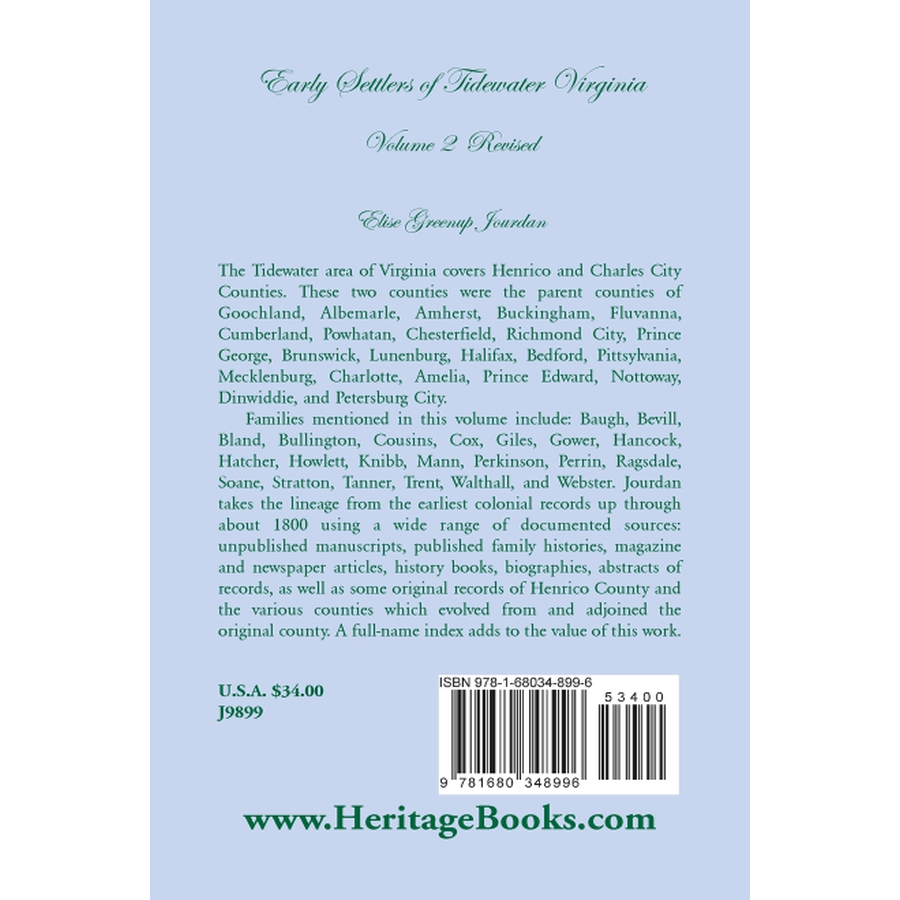 Early Settlers of Tidewater Virginia, Volume 2 (Revised) back cover