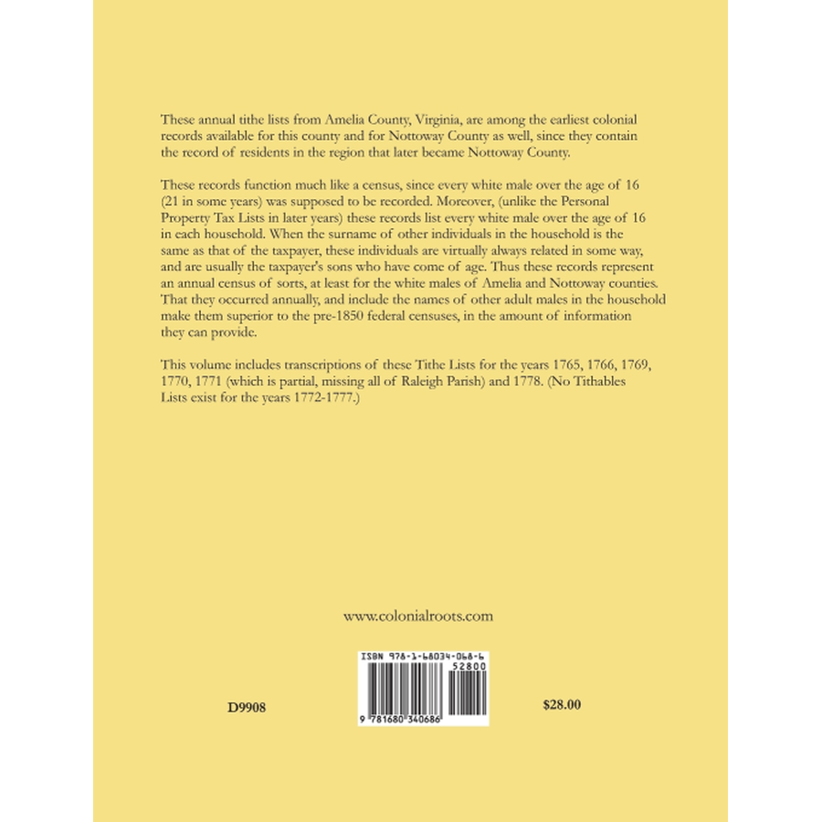 Tithe Lists for Amelia County, Virginia, 1765-1766, 1769-1771, and 1778 back cover