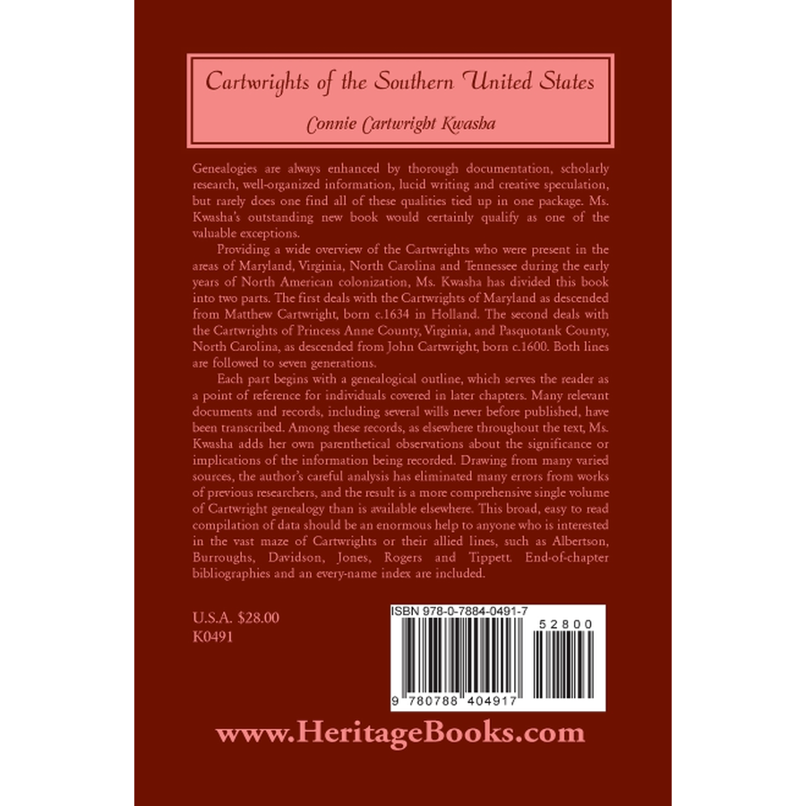 Cartwrights of the Southern United States back cover