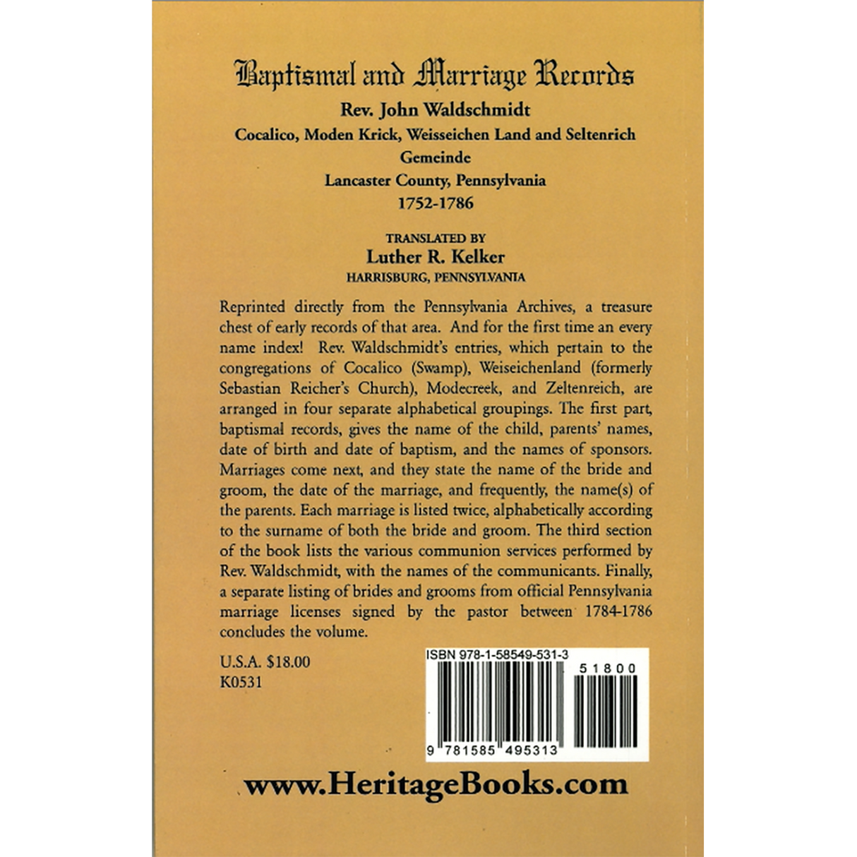 Baptismal and Marriage Records, Rev. John Waldschmidt, Lancaster County, Pennsylvania, 1752-1786 back cover