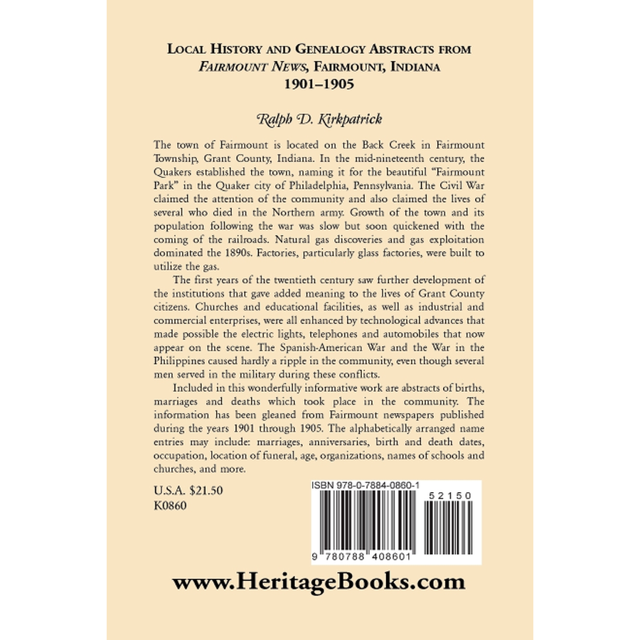 Local History and Genealogical Abstracts from the Fairmount News, 1901-1905 back cover