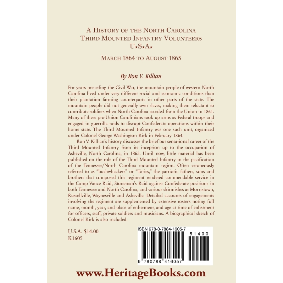 A History of the North Carolina Third Mounted Infantry Volunteers: March 1864 to August 1865 back cover