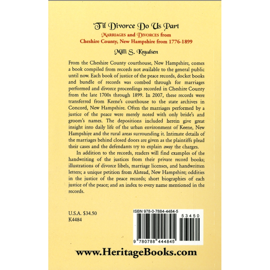 'Til Divorce Do Us Part: Marriages and Divorces from Cheshire County, New Hampshire from 1776-1899 back cover