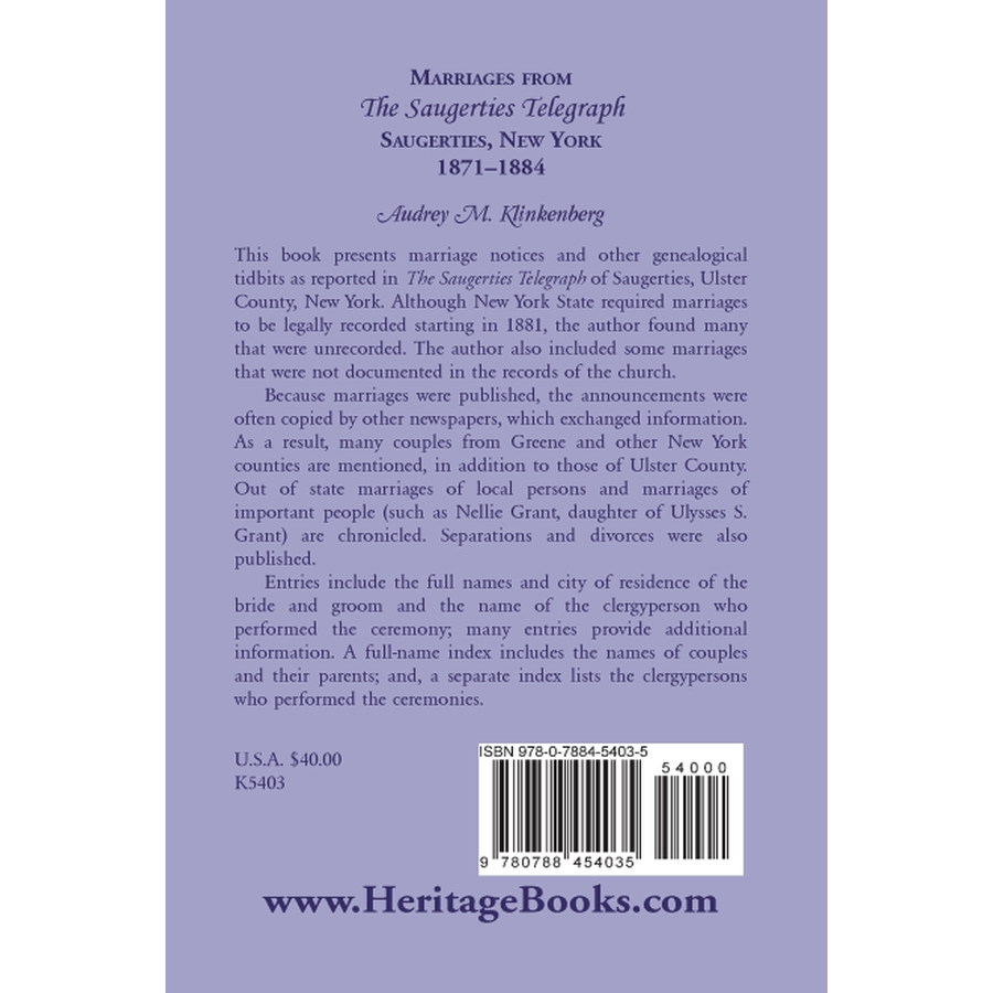 Marriages from The Saugerties Telegraph, Saugerties, New York, 1871-1884 back cover