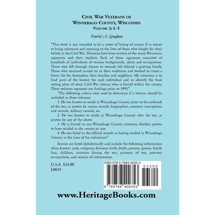 Civil War Veterans of Winnebago County, Wisconsin: Volume 2, I-T back cover