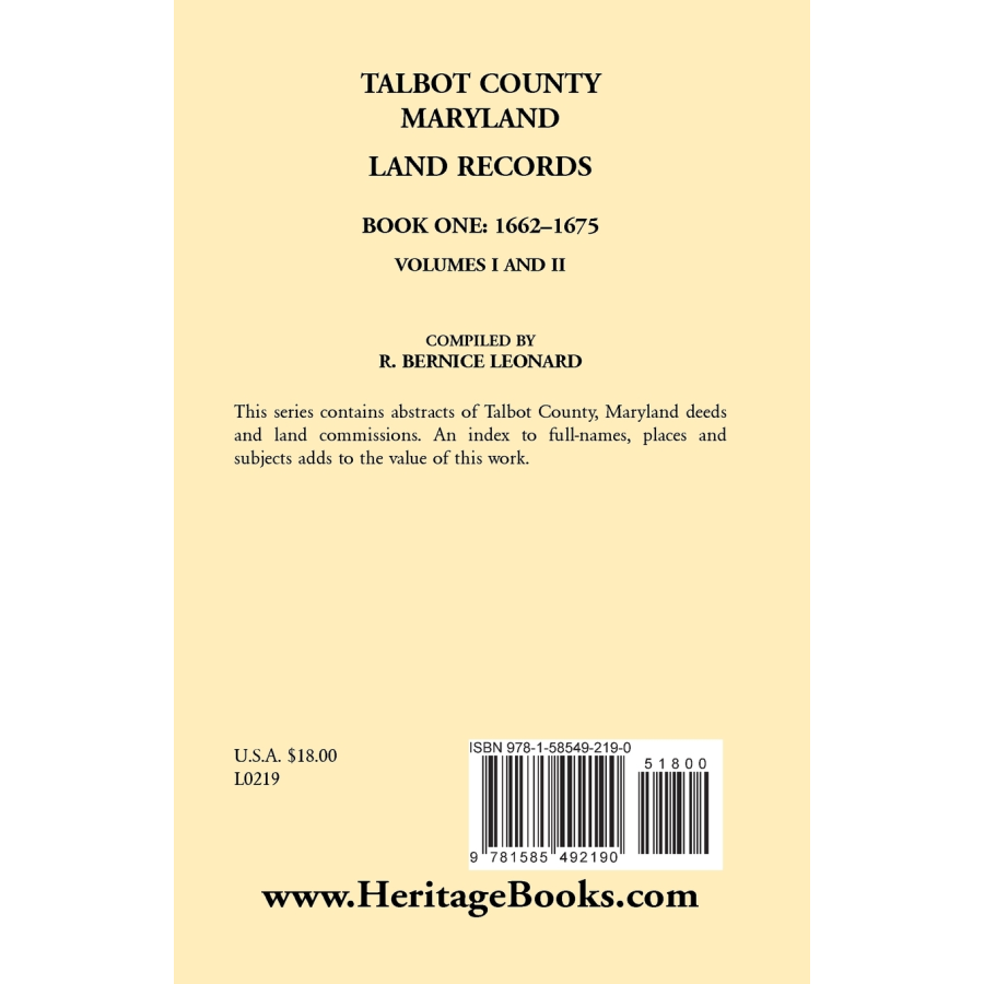 Talbot County, Maryland Land Records: Book 1, 1662-1675 back cover
