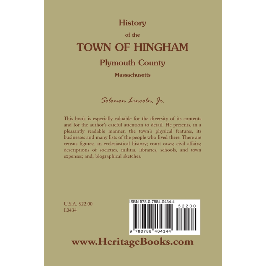 History of the Town of Hingham, Plymouth County, Massachusetts back cover
