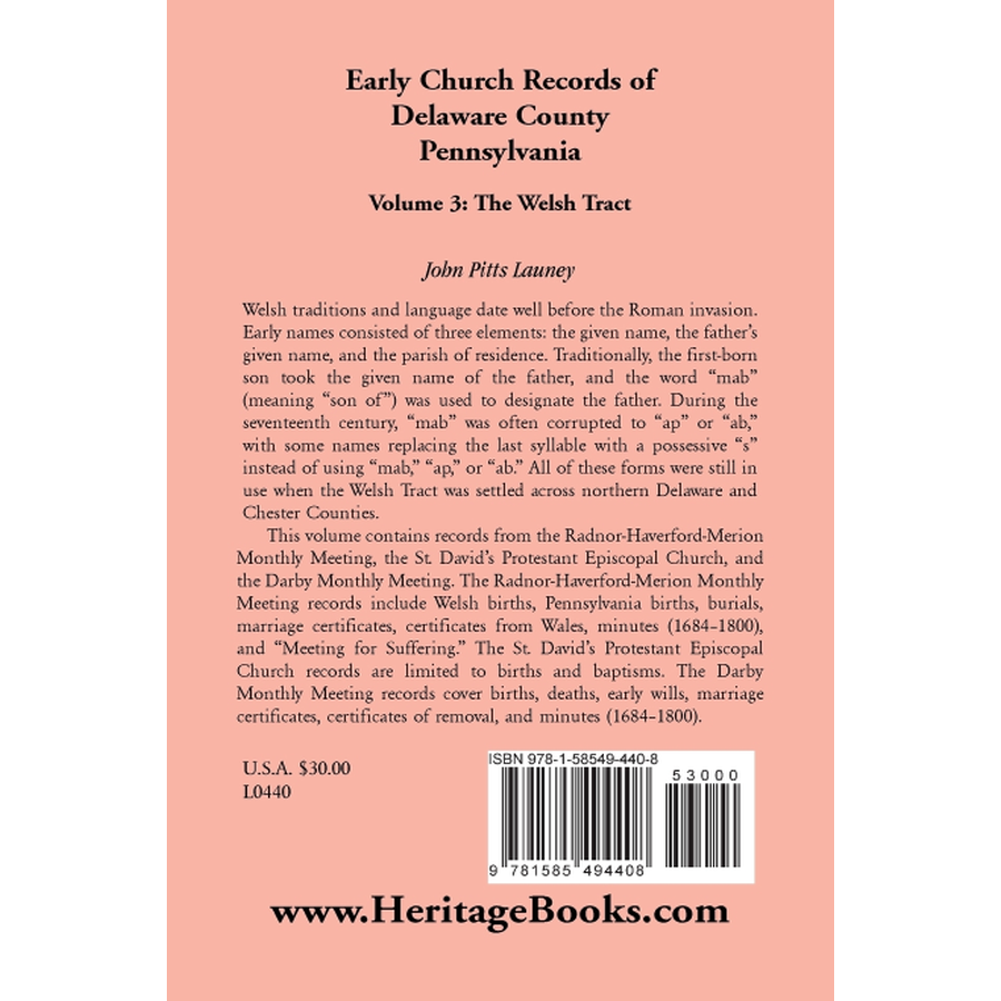 Early Church Records of Delaware County, Pennsylvania, Volume 3: The Welsh Tract back cover