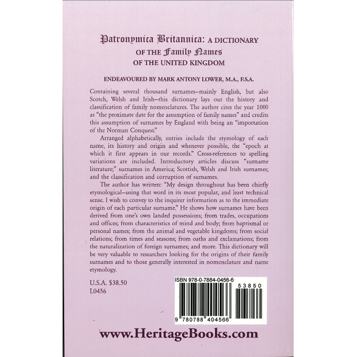 Patronymica Britannica: A Dictionary of the Family Names of The United Kingdom back cover