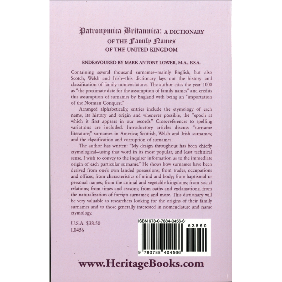 Patronymica Britannica: A Dictionary of the Family Names of The United Kingdom back cover