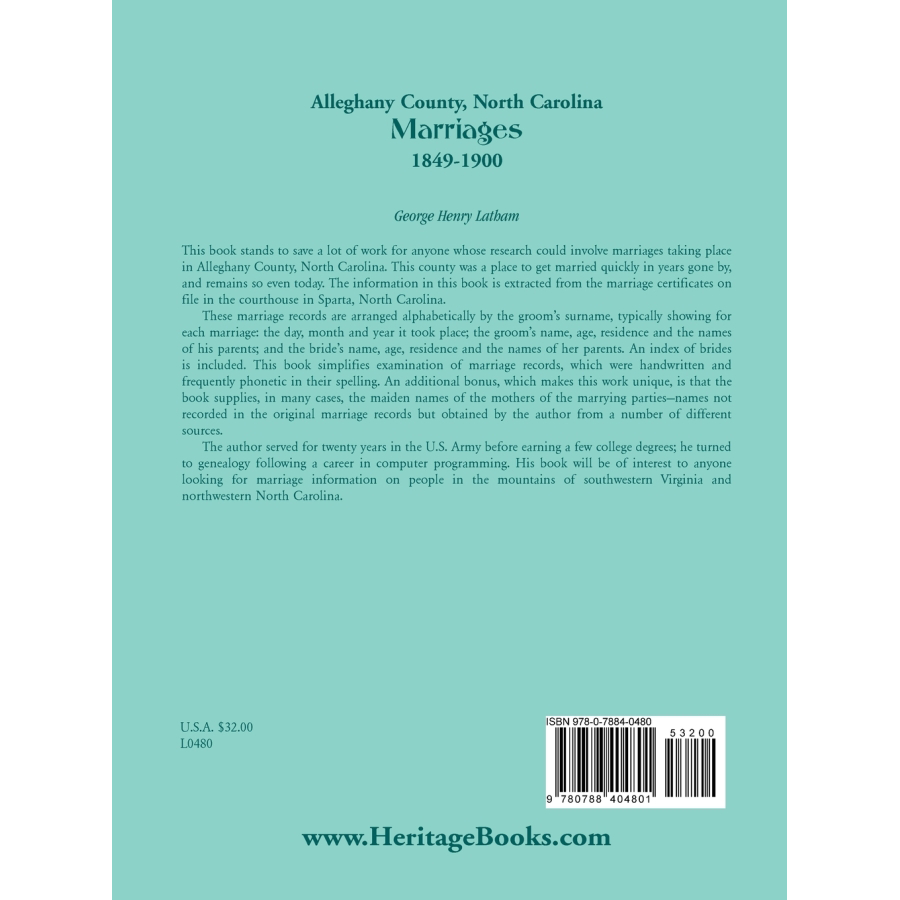 Alleghany County, North Carolina, Marriages, 1849-1900 back cover