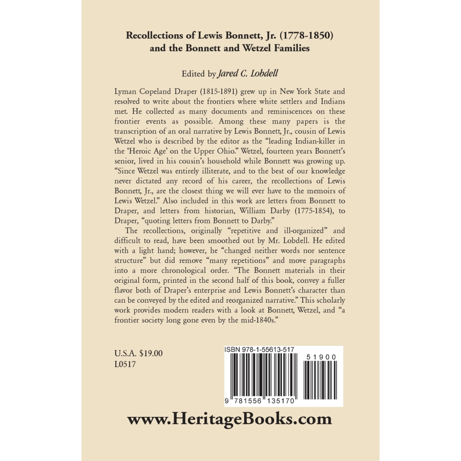 Recollections of Lewis Bonnett, Jr. (1778-1850) and the Bonnett and Wetzel Families back cover