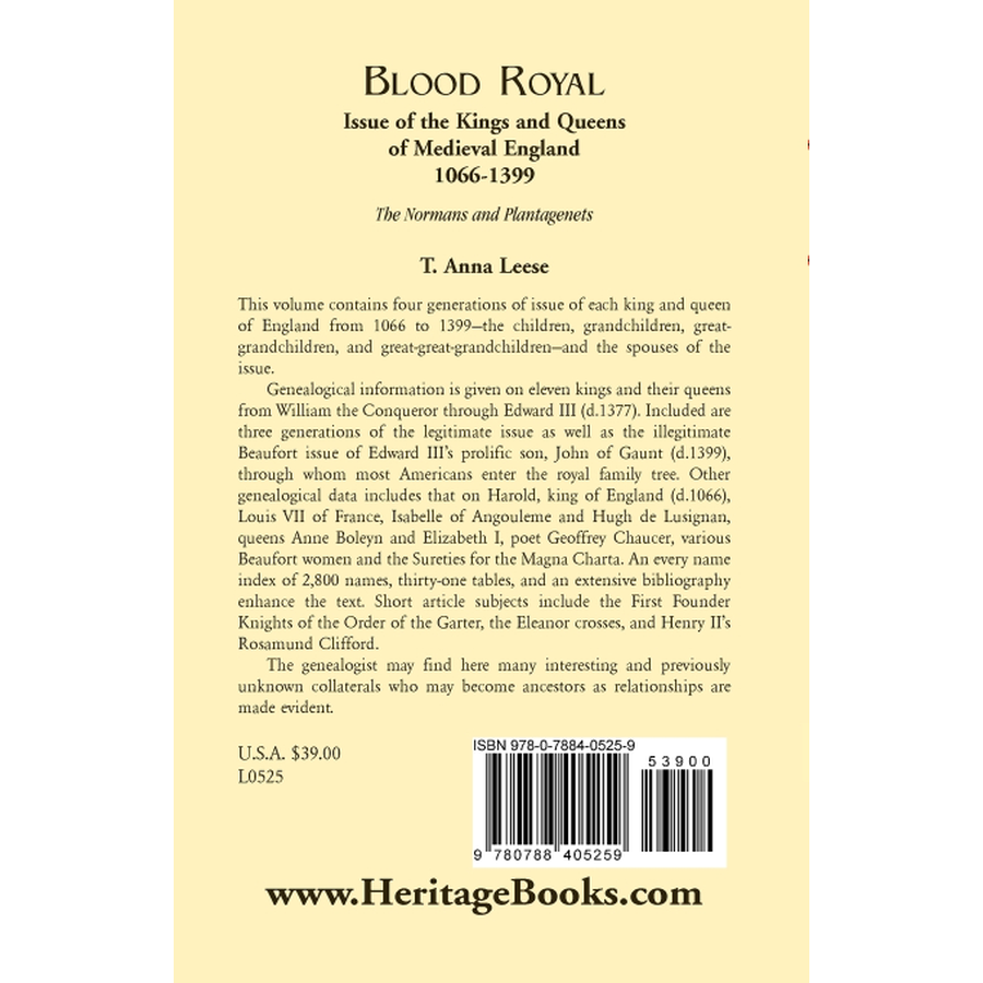 Blood Royal: Issue of the Kings and Queens of Medieval 1066-1399: The Normans and Plantagenets back cover