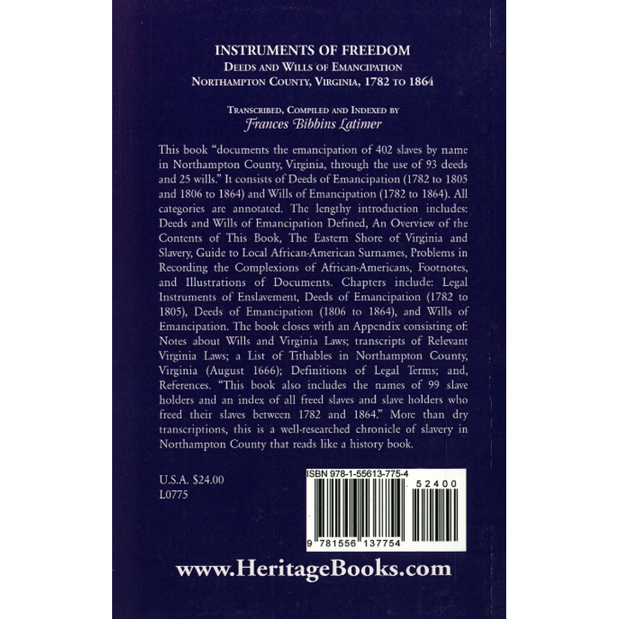 Instruments of Freedom: Deeds and Wills of Emancipation, Northampton County, Virginia, 1782-1864 back cover