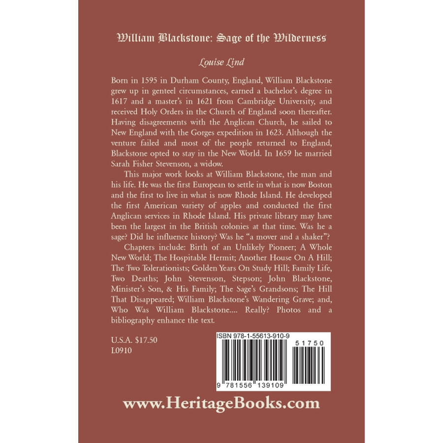 William Blackstone: Sage of the Wilderness back cover