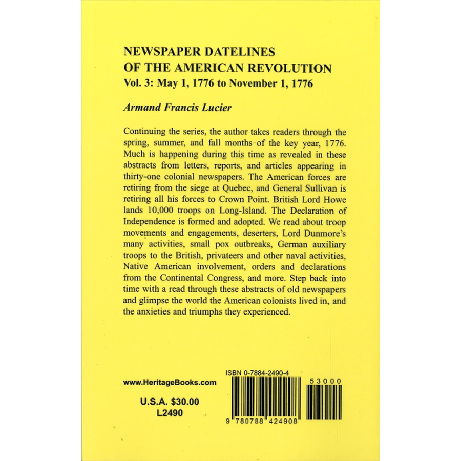 Newspaper Datelines of the American Revolution, Volume 3: May 1, 1776 to November 1, 1776 back cover