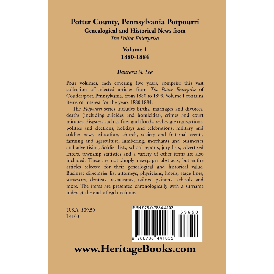 Potter County, Pennsylvania Potpourri, Volume 1, The Years 1880-1884 back cover