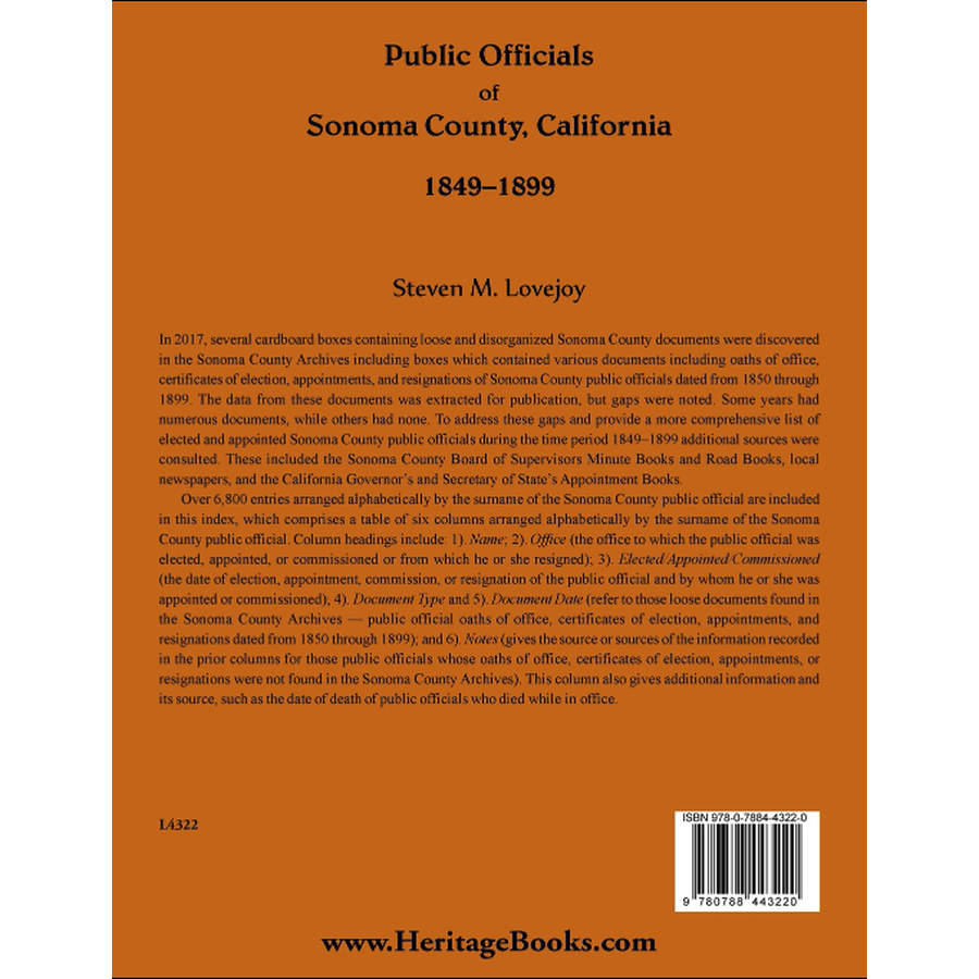Public Officials of Sonoma County, California, 1849-1899 back cover