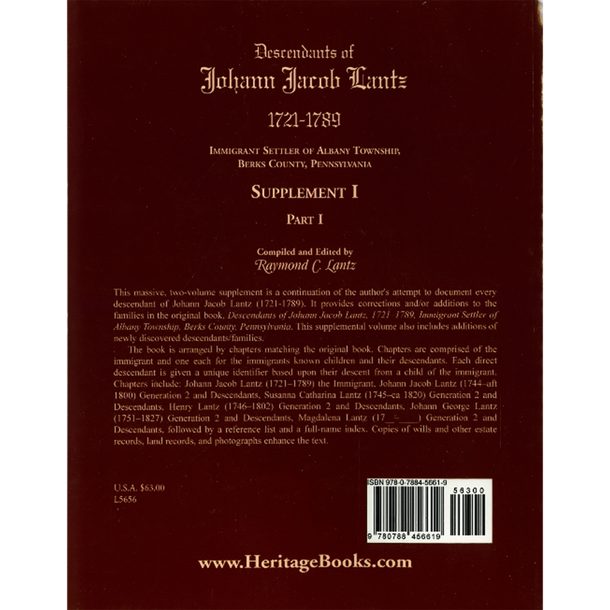 Descendants of Johann Jacob Lantz, 1721-1789: Immigrant Settler of Albany Township, Berks County, Pennsylvania Supplement I, Part I back cover