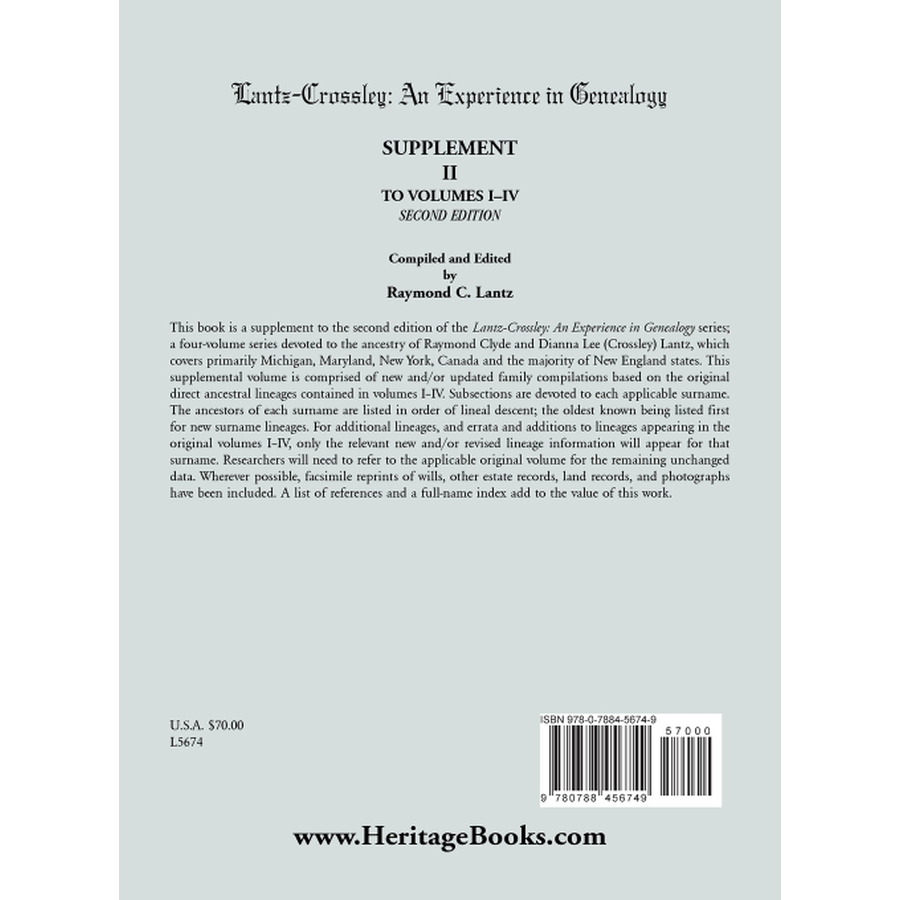 Lantz-Crossley an Experience in Genealogy: Supplement II to Volumes I-IV Second Edition back cover