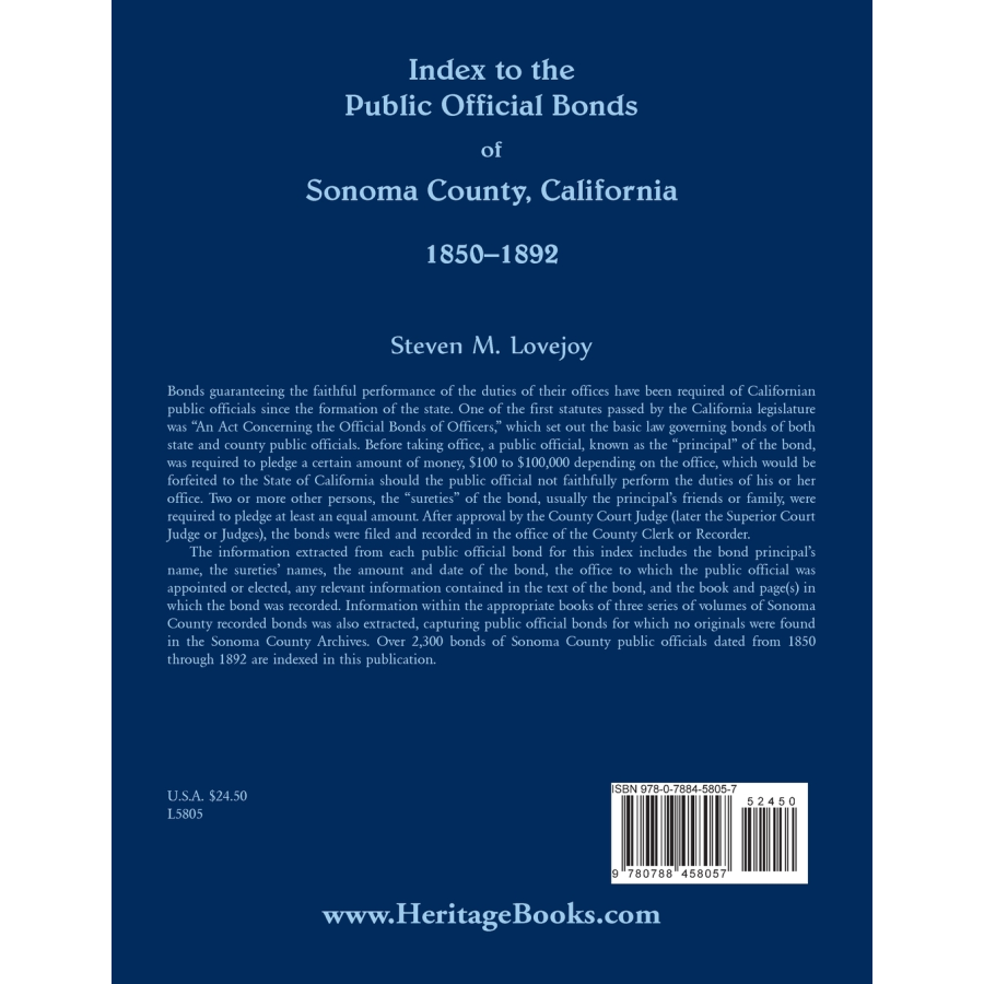 Index to the Public Official Bonds of Sonoma County, California, 1850-1892 back cover