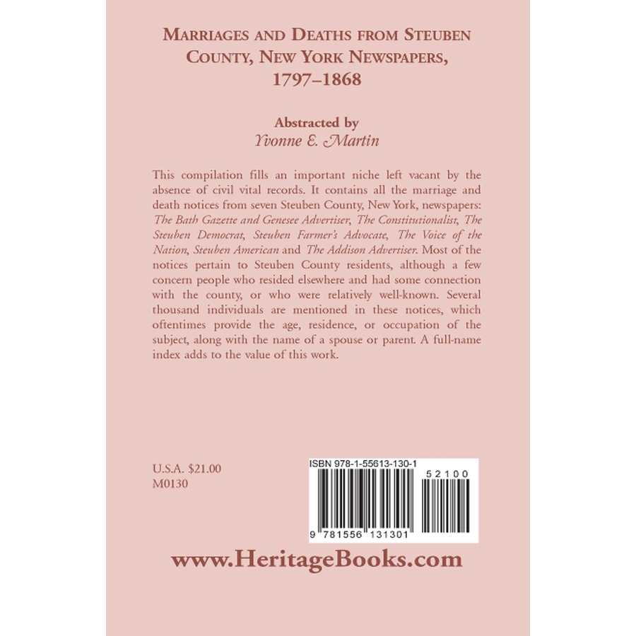 Marriages and Deaths from Steuben County, New York, Newspapers, 1797-1868 back cover