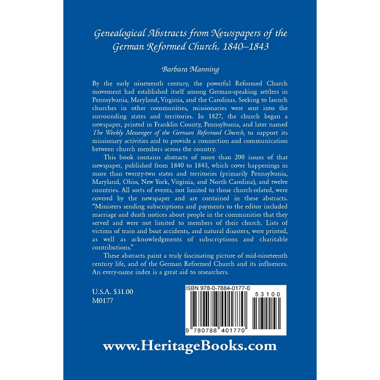 Genealogical Abstracts from Newspapers of the German Reformed Church, 1840-1843 back cover