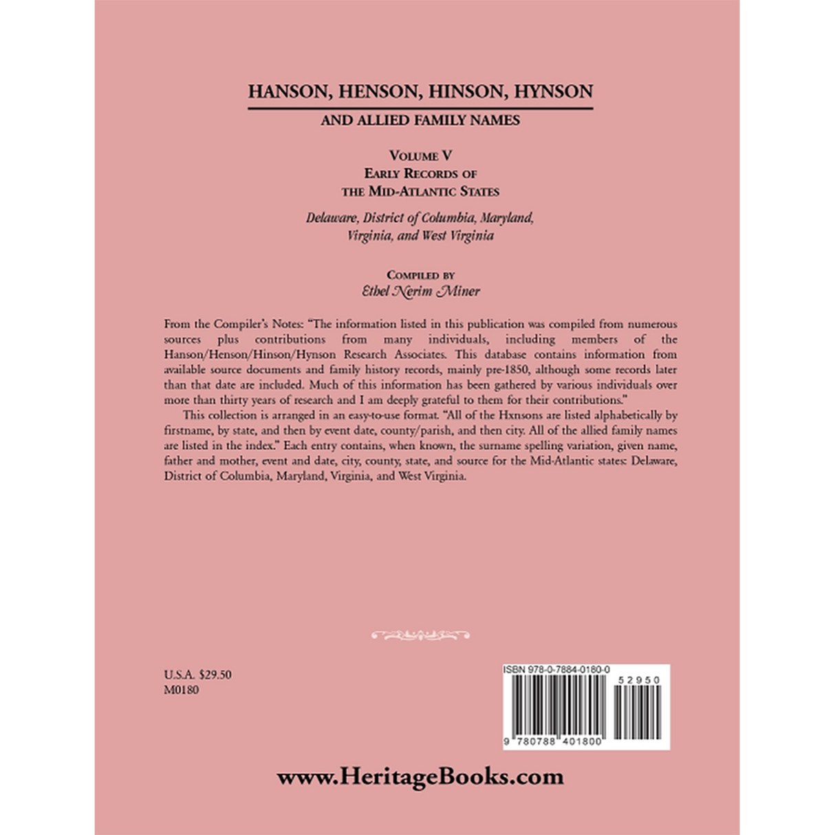 Hanson, Henson, Hinson, Hynson and Allied Family Names Volume V back cover