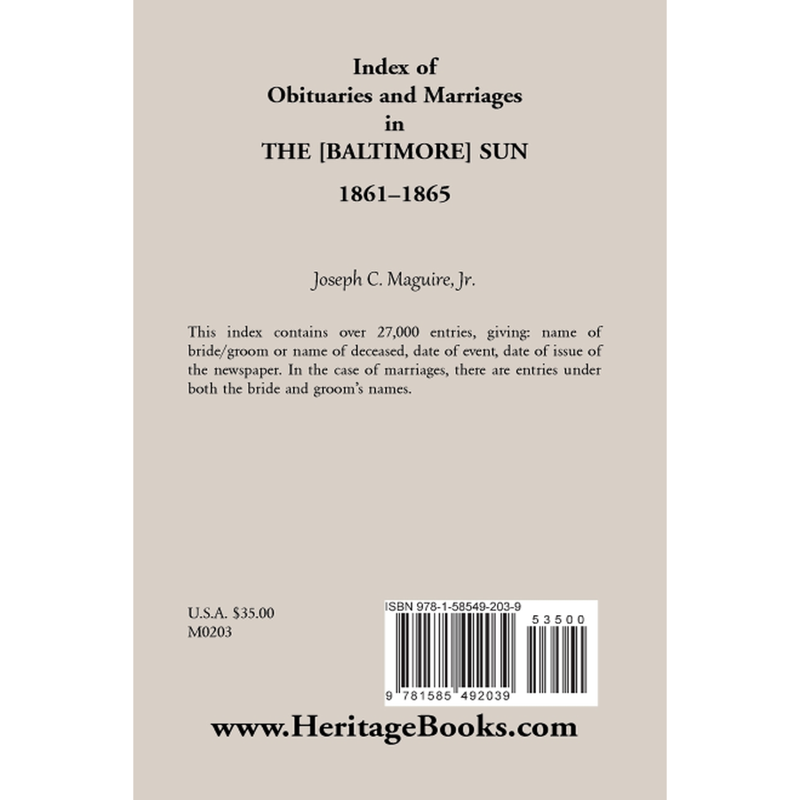 Index of Obituaries and Marriages in The (Baltimore) Sun, 1861-1865 back cover
