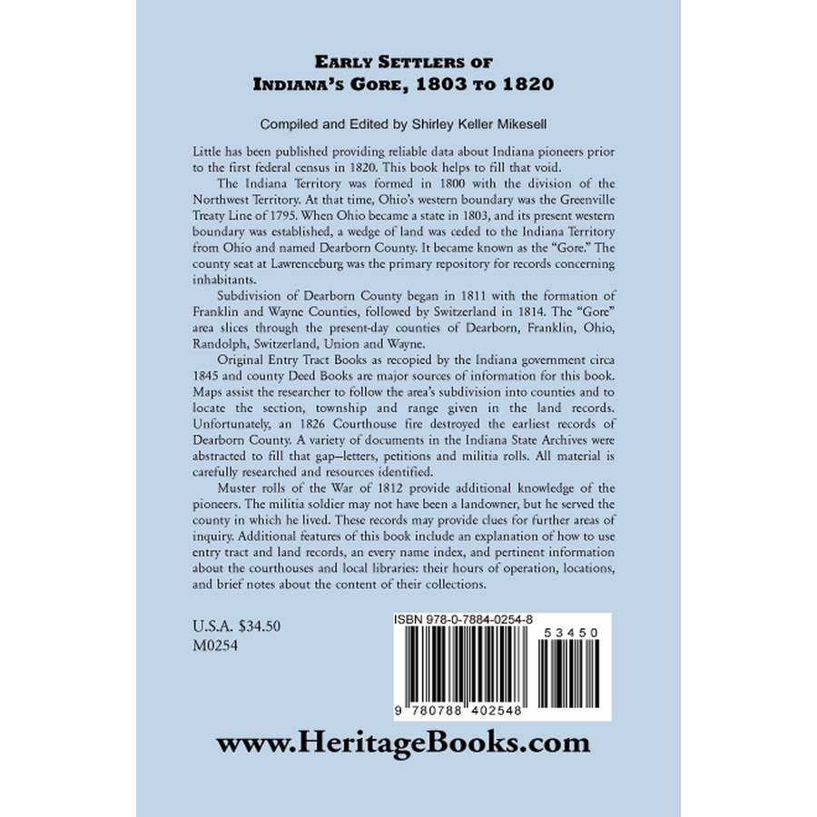 Early Settlers of Indiana's Gore, 1803-1820 back cover
