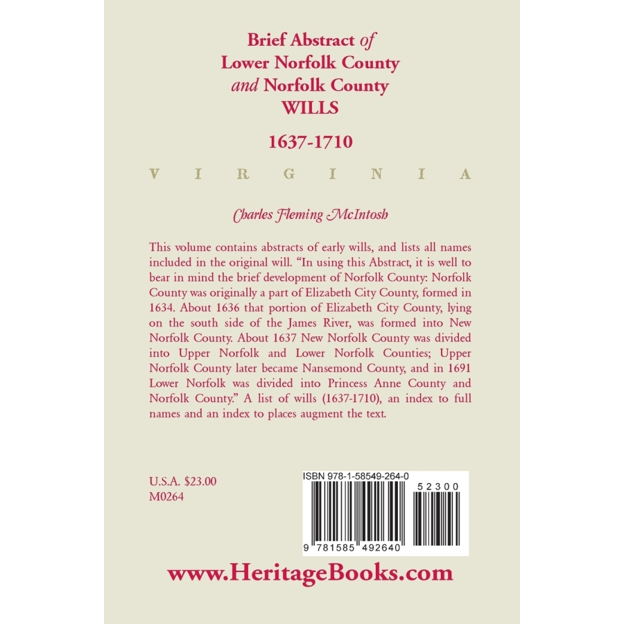(Brief Abstract of) Lower Norfolk County and Norfolk County Wills, 1637-1710 back cover
