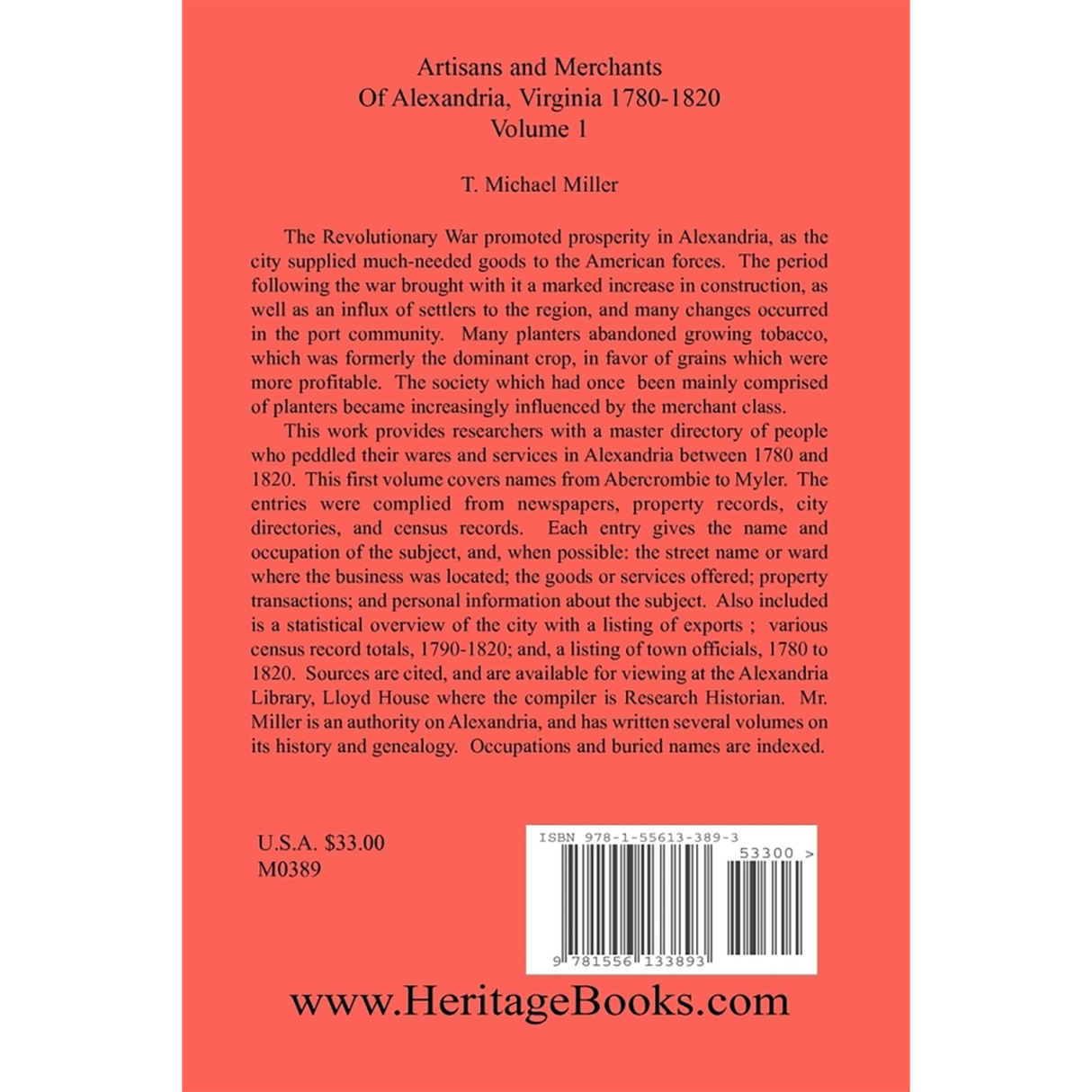 Artisans and Merchants of Alexandria, Virginia 1780-1820, Volume 1, Abercrombie to Myer back cover