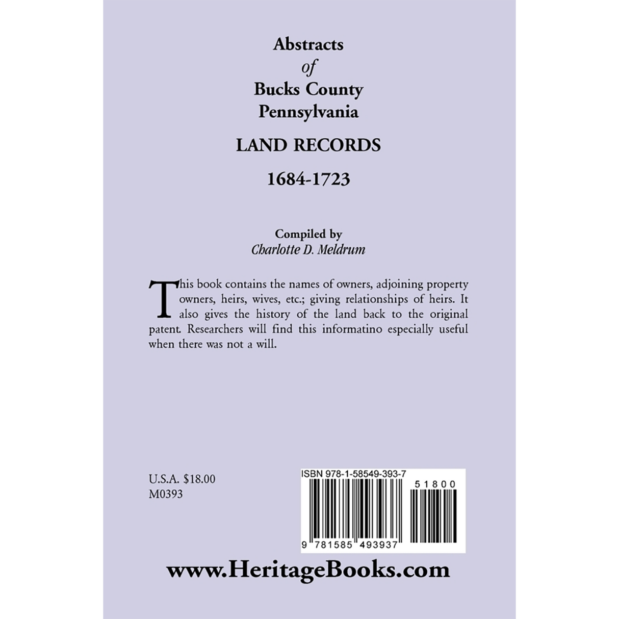 Abstracts of Bucks County, Pennsylvania Land Records, 1684-1723 back cover