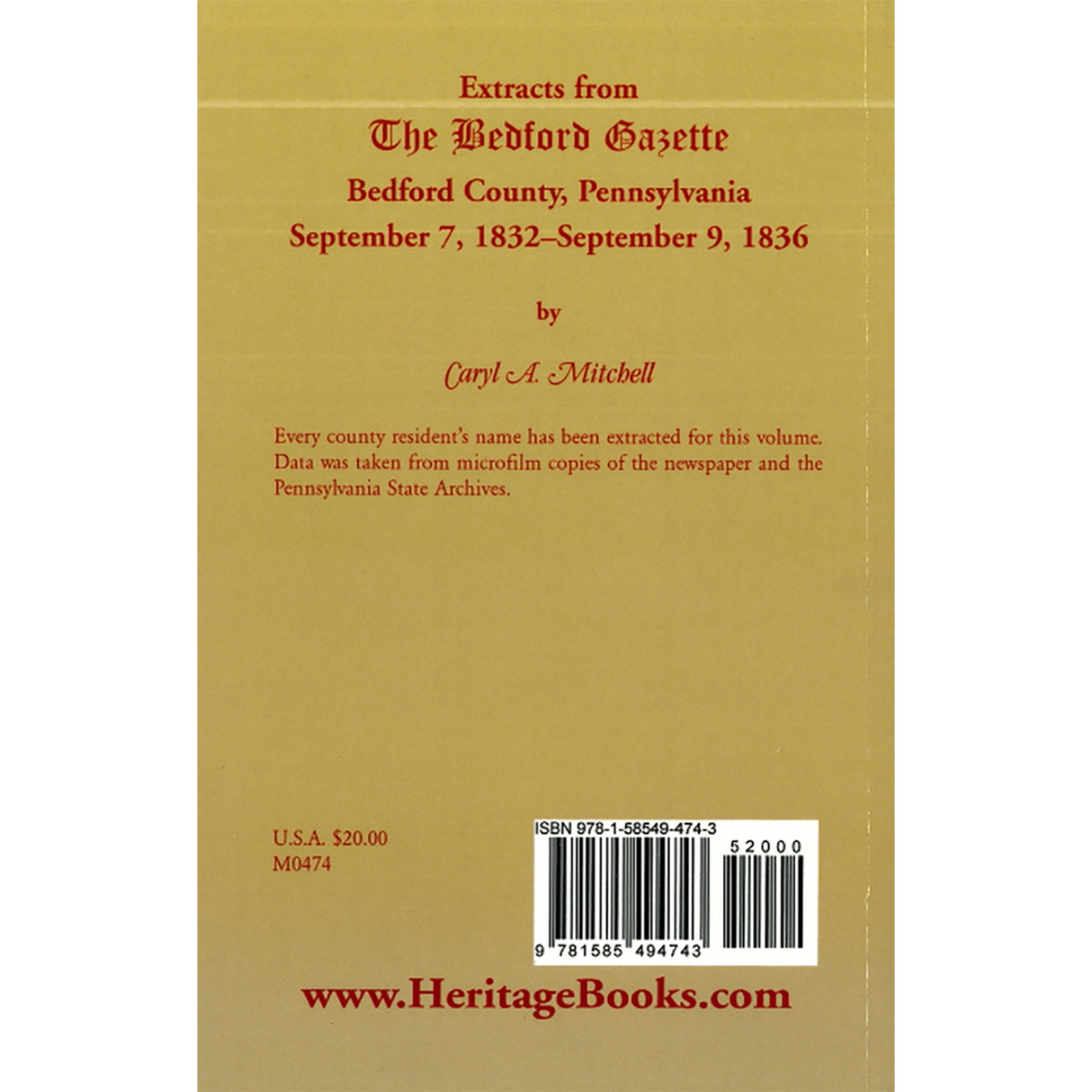 Extracts from The Bedford Gazette, Bedford County, Pennsylvania: September 7, 1832-September 9, 1836 back cover