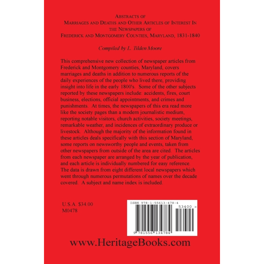 Abstracts of Marriages and Deaths ... in the Newspapers of Frederick and Montgomery Counties, Maryland, 1831-1840 back cover