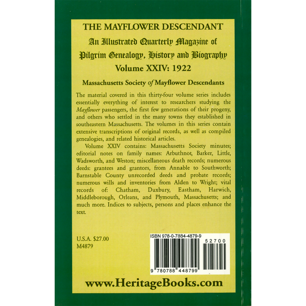 The Mayflower Descendant, Volume 24, 1922 back cover