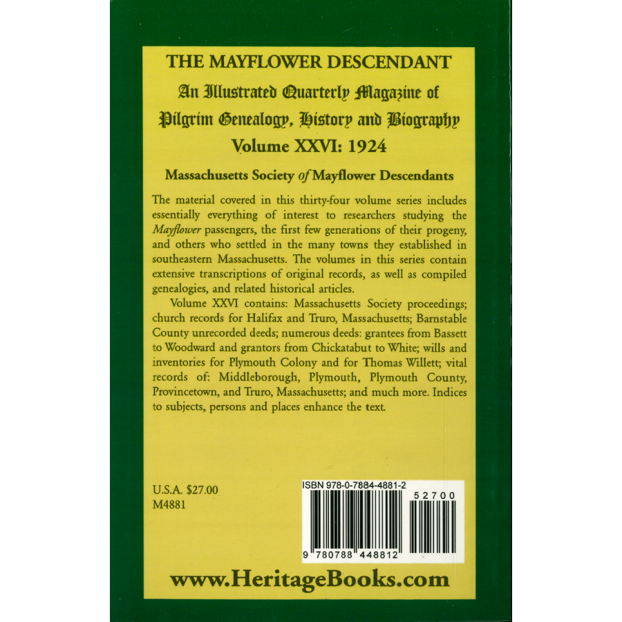 The Mayflower Descendant, Volume 26, 1924 back cover