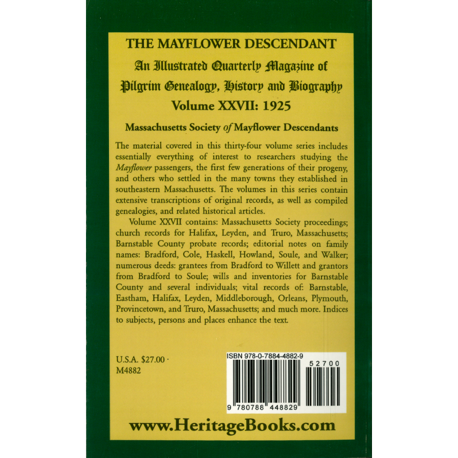 The Mayflower Descendant, Volume 27, 1925 back cover
