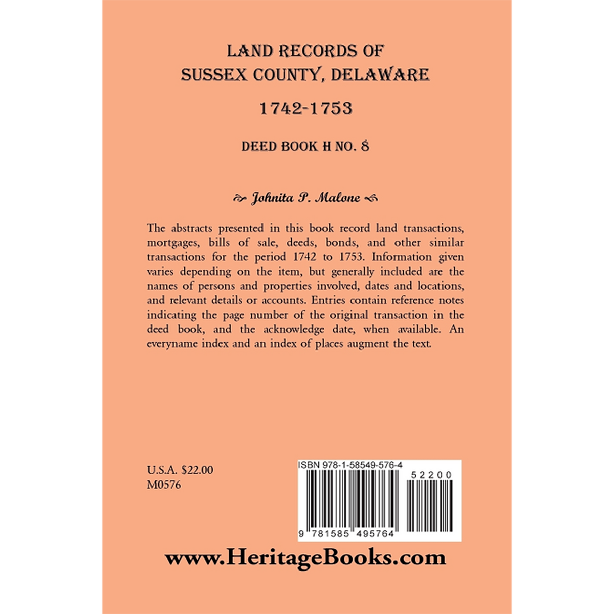 Land Records of Sussex County, Delaware, 1742-1753: Deed Book H No. 8 back cover