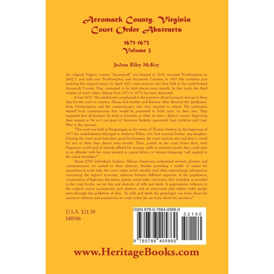 Accomack County, Virginia Court Order Abstracts, Volume 3: 1671-1673 back cover