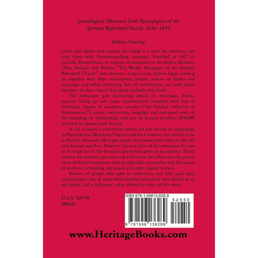 Genealogical Abstracts from Newspapers of the German Reformed Church, 1830-1839 back cover