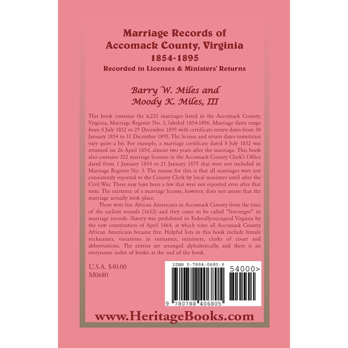 Marriage Records of Accomack County, Virginia, 1854-1895 (Recorded in Licenses and Ministers' Returns) back cover