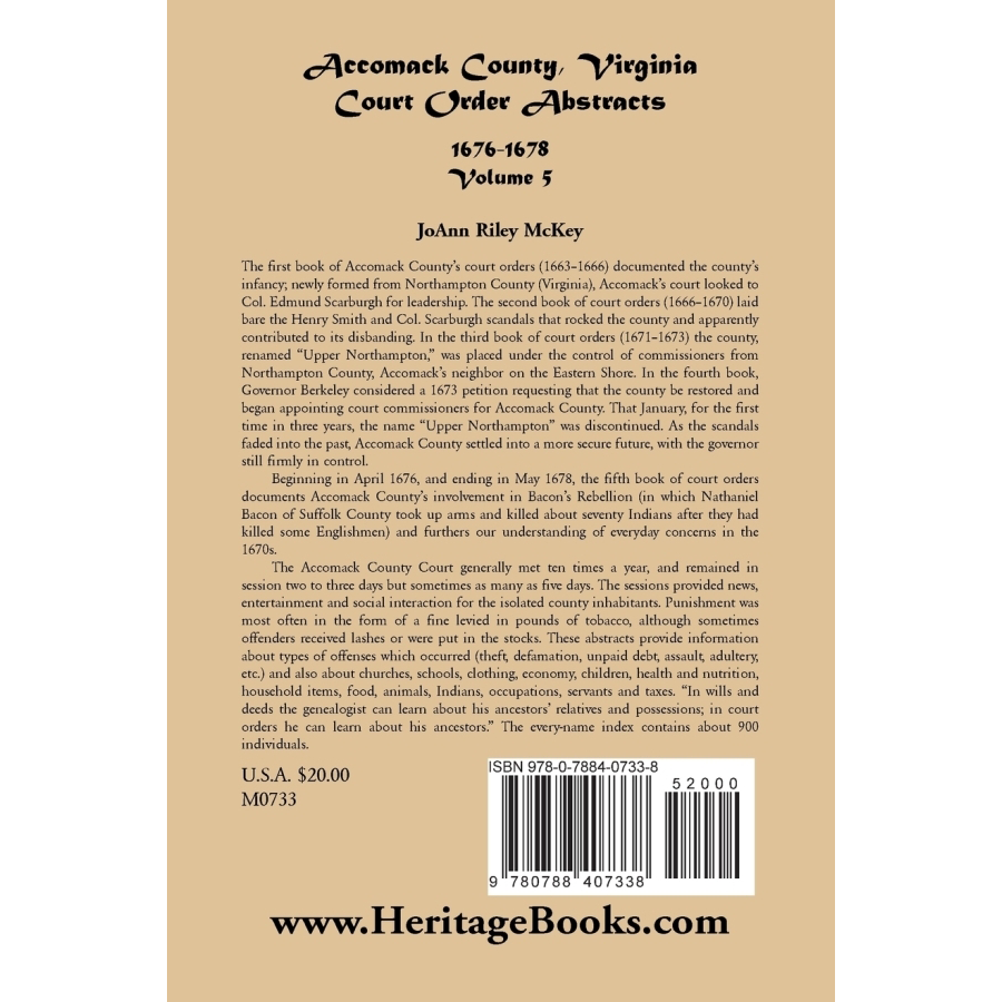 Accomack County, Virginia Court Order Abstracts, Volume 5: 1676-1678 back cover