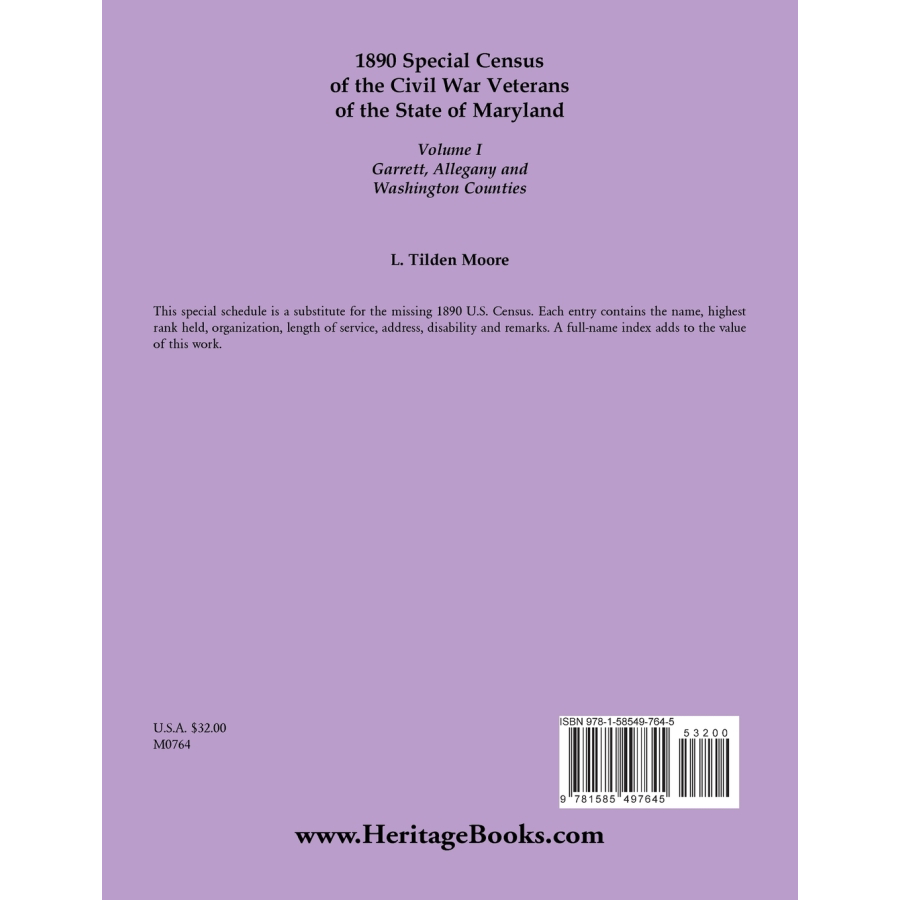 1890 Special Census of the Civil War Veterans of the State of Maryland: Volume I, Garrett, Allegany and Washington Counties back cover
