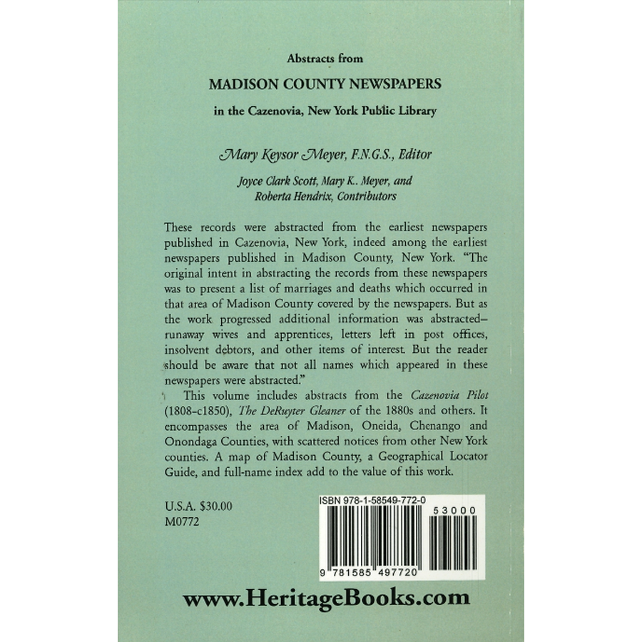 Abstracts from Madison County, New York Newspapers in the Cazenovia Public Library back cover