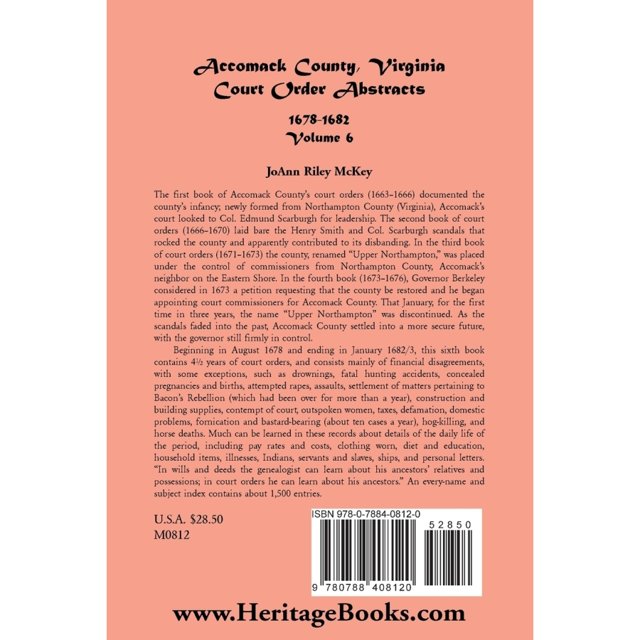 Accomack County, Virginia Court Order Abstracts, Volume 6: 1678-1682/3 back cover
