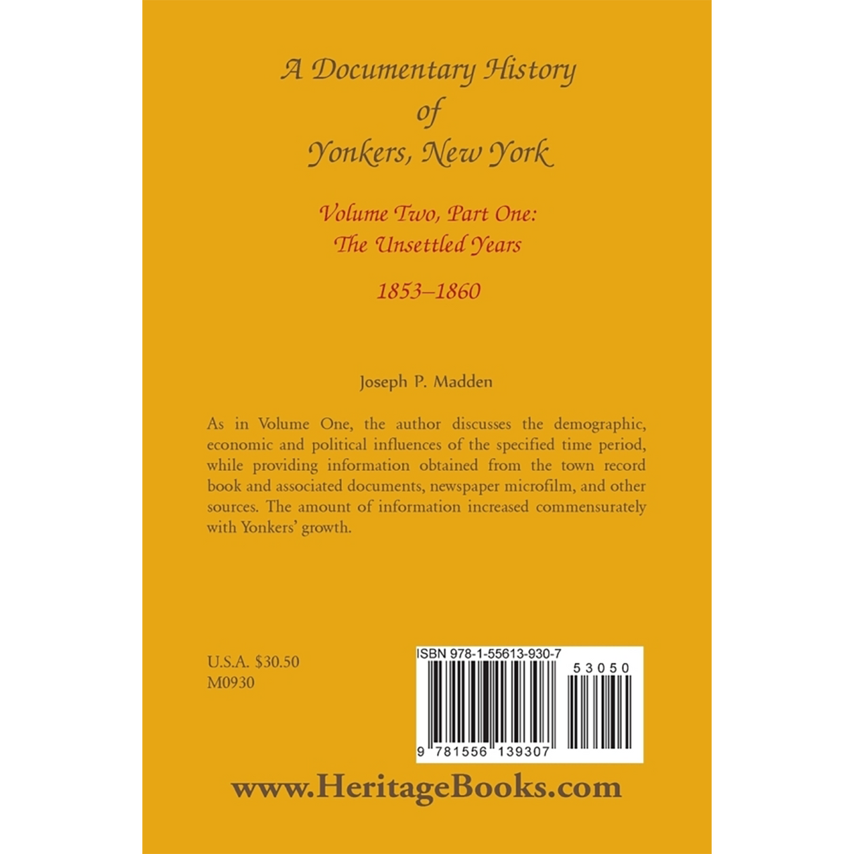 A Documentary History of Yonkers, New York, Volume Two, Part One: The Unsettled Years, 1853-1860 back cover
