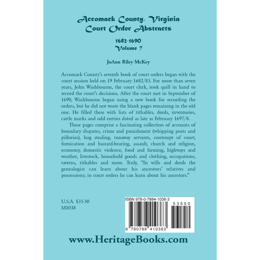 Accomack County, Virginia Court Order Abstracts, Volume 7: 1682-1690 back cover